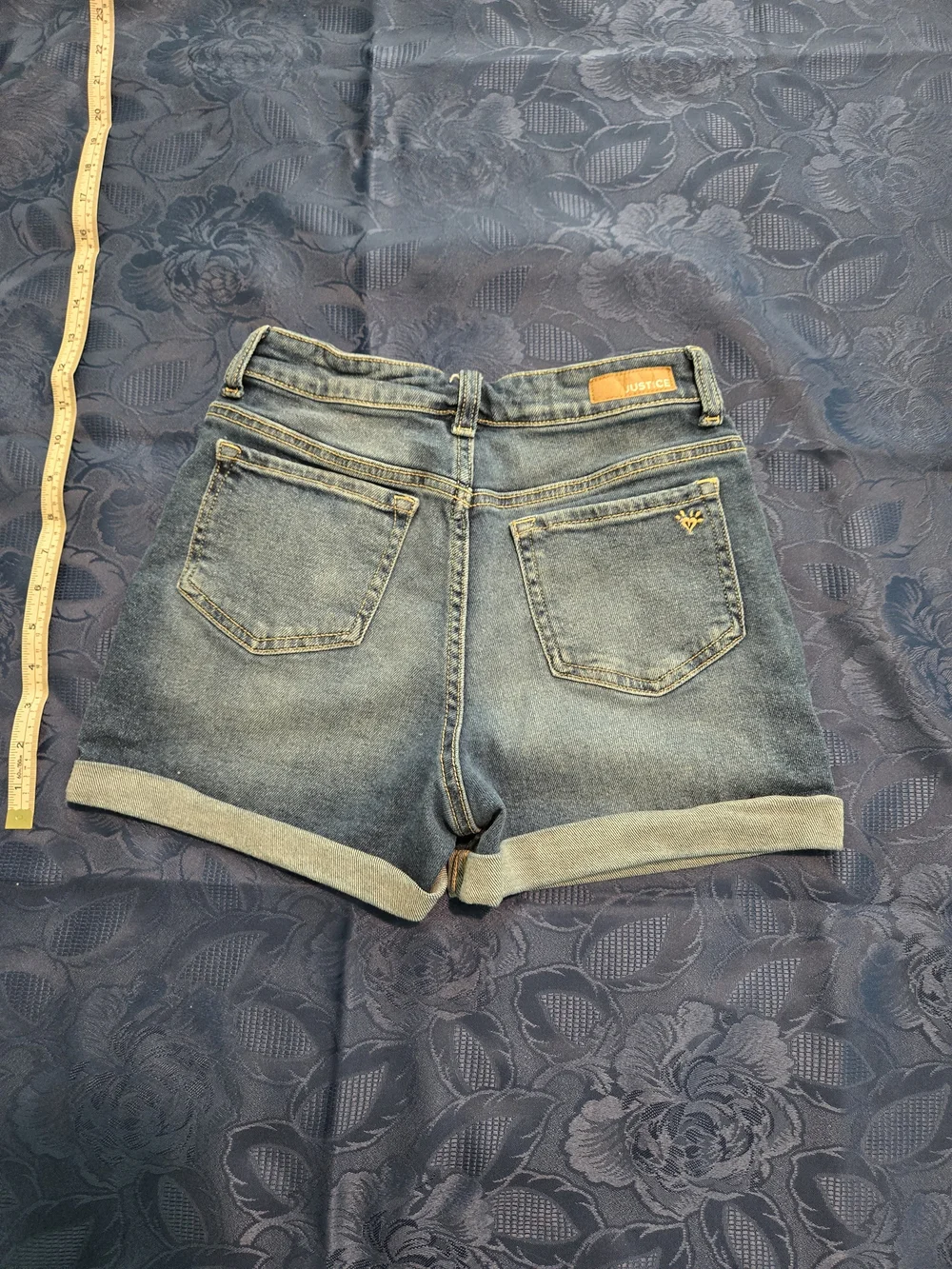 Justice Blue Denim Shorts with Multicolor Floral & Peace Embroidery